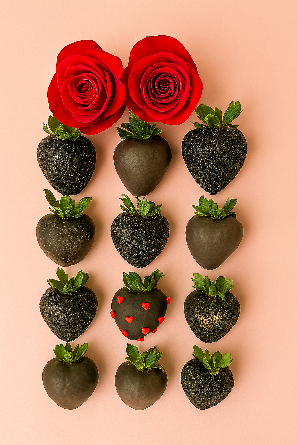 Midnight Romance Dozen – Chocolate-Covered Strawberries with Roses