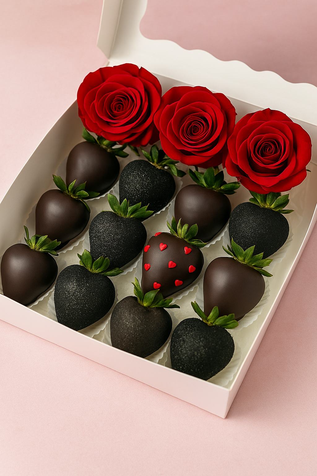 Midnight Romance Dozen – Chocolate-Covered Strawberries with Roses
