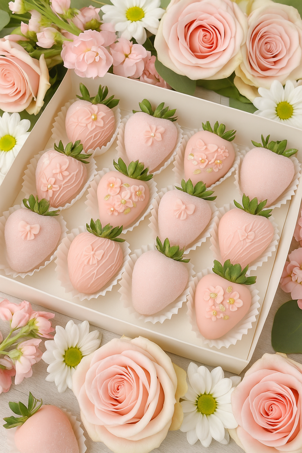 🌸 Blush Bloom Dozen – Floral Pink Dipped Strawberries
